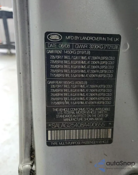 2008 Land Rover Lr3 Hse from USA, damaged, VIN SALAG25408A490655